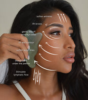 Woman using a facial roller with arrows indicating its effects on the face.