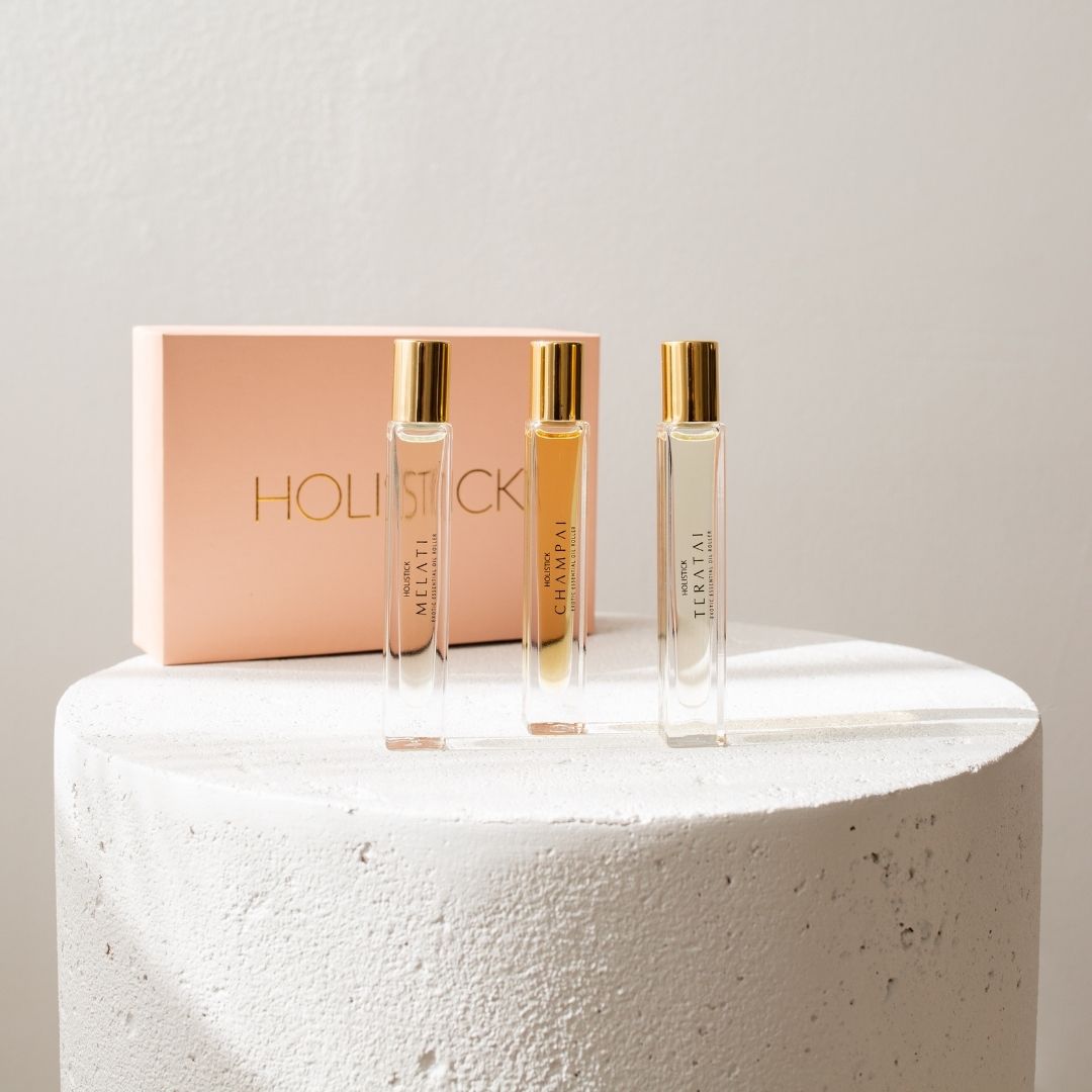 holistick 3-piece natural perfume collection melati (jasmine), champai (champaka), teratai (lotus), organic, healthy, vegan, cruelty-free no fragrance, parabens or phthalates